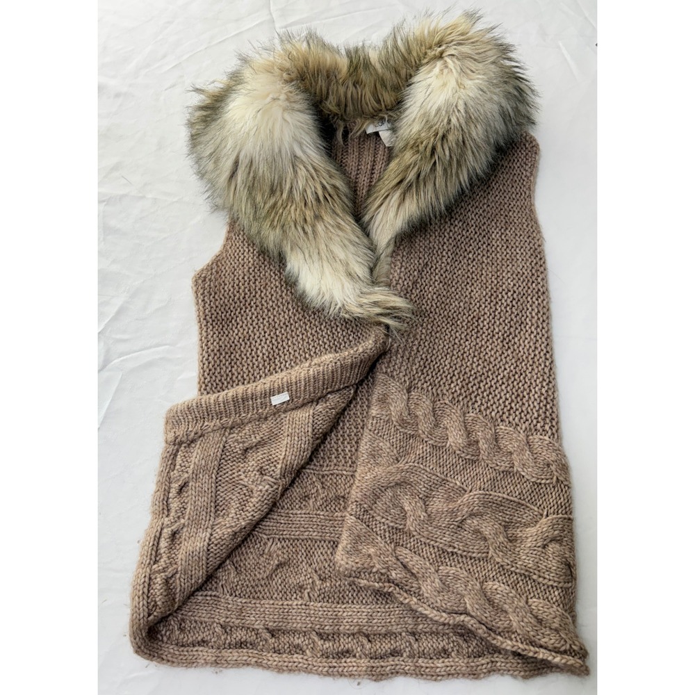 Y2K LOFT Tan Cable Knit Sweater Vest Faux Fur Collar Wool Alpaca Blend Boho Med